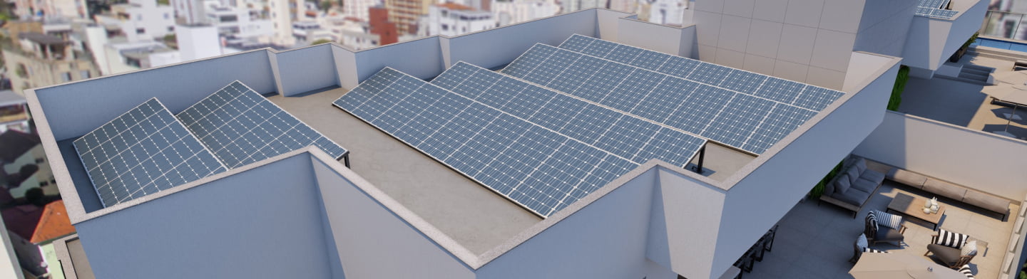 Painéis solares instalados no telhado do edifício Avignon, ilustrando práticas sustentáveis de geração de energia renovável.